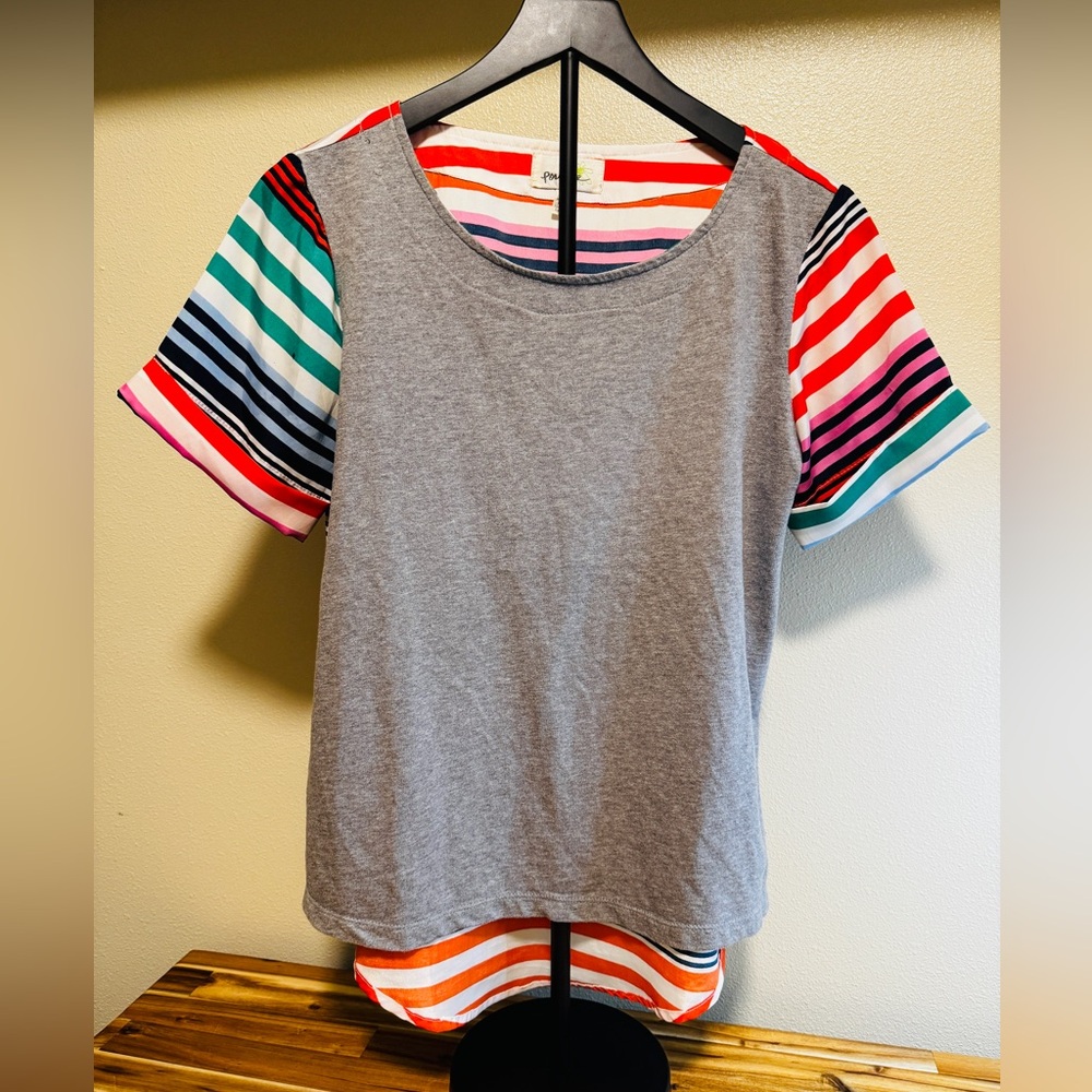 Anthropologie Porridge Striped Sleeve‎ Tee XS Gray Multicolor Cotton Polyester